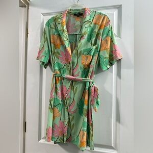 Lulus short sleeve blouse shirt dress button front tropical floral print belted
